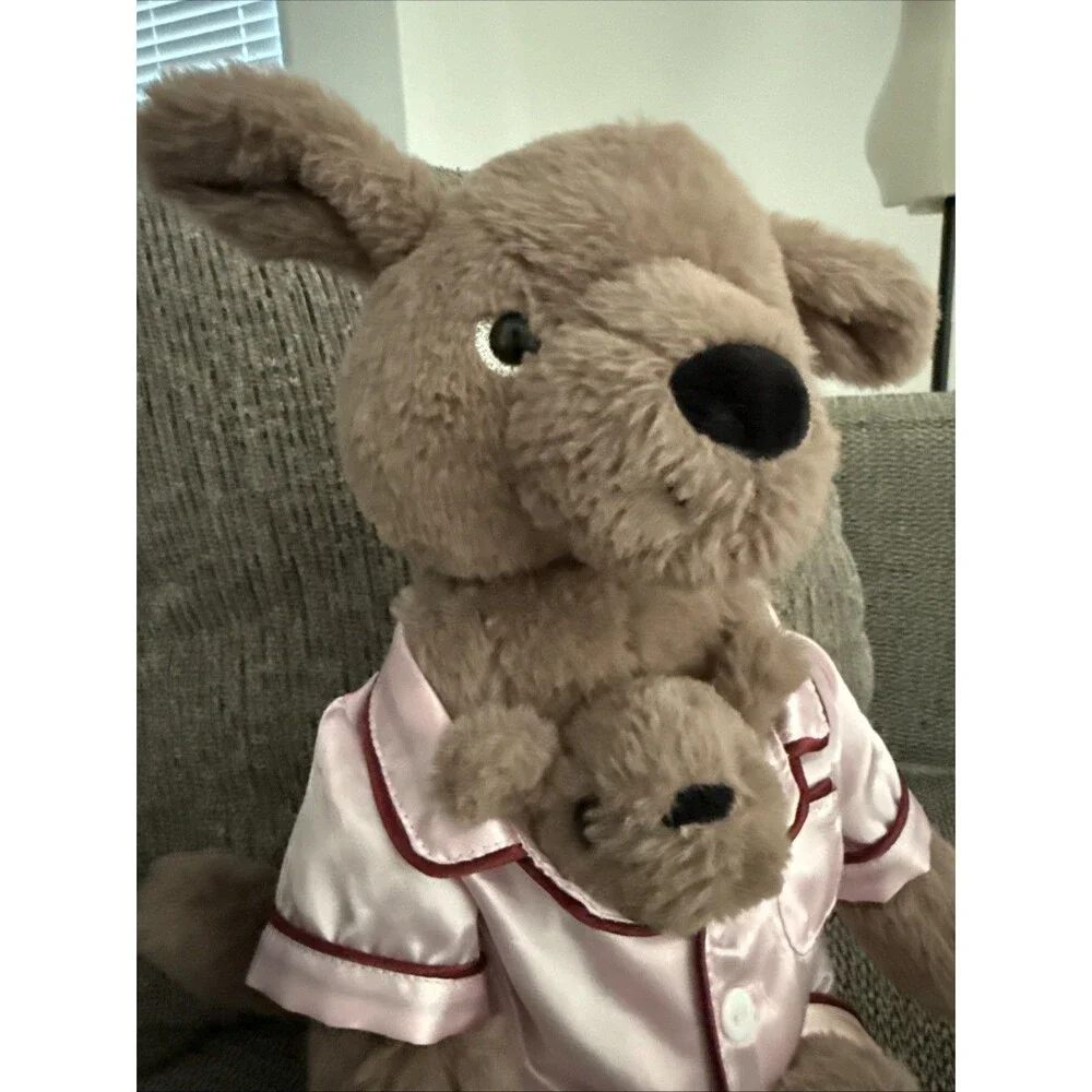 Plush Kangaroo Stuffed Animal Pink Satin Pajamas Holding Baby Joey Plush Toy